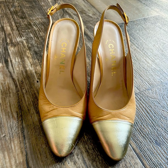 Vintage Chanel Gold Cap Toe Heels - Picture 1 of 6